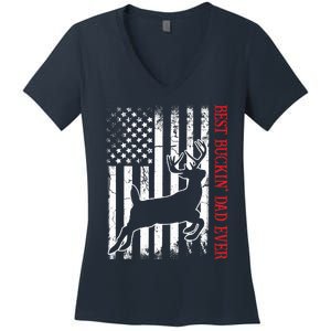 Best Buckin Dad Ever American Flag Deer Hunting Women's V-Neck T-Shirt