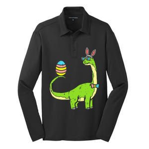 Brontosaurus Bunny Ears Egg Easter Day Dinosaur Dino Silk Touch Performance Long Sleeve Polo