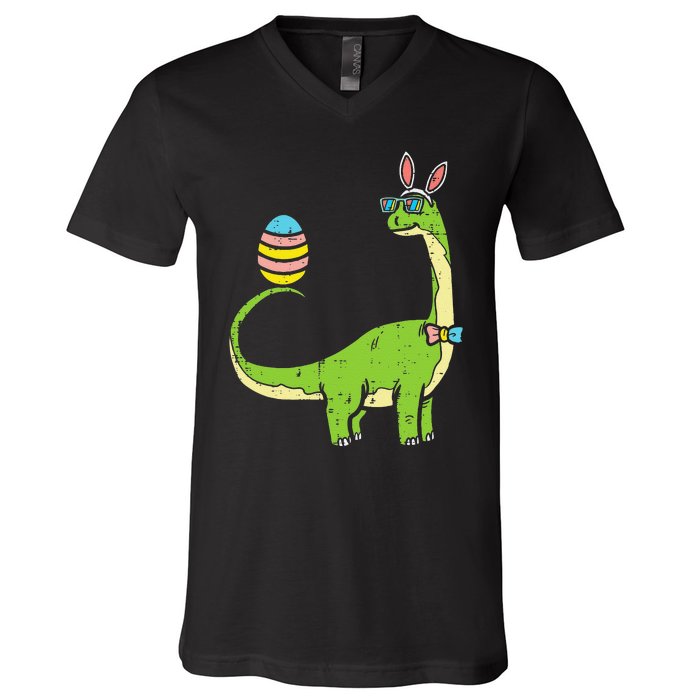 Brontosaurus Bunny Ears Egg Easter Day Dinosaur Dino V-Neck T-Shirt