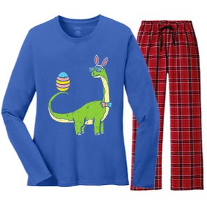 Brontosaurus Bunny Ears Egg Easter Day Dinosaur Dino Gift Women's Long Sleeve Flannel Pajama Set 