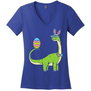 Brontosaurus Bunny Ears Egg Easter Day Dinosaur Dino Gift Women's V-Neck T-Shirt