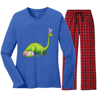 Brontosaurus Bunny Ears Egg Easter Day Dinosaur Dino Gift Women's Long Sleeve Flannel Pajama Set 