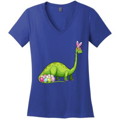 Brontosaurus Bunny Ears Egg Easter Day Dinosaur Dino Gift Women's V-Neck T-Shirt