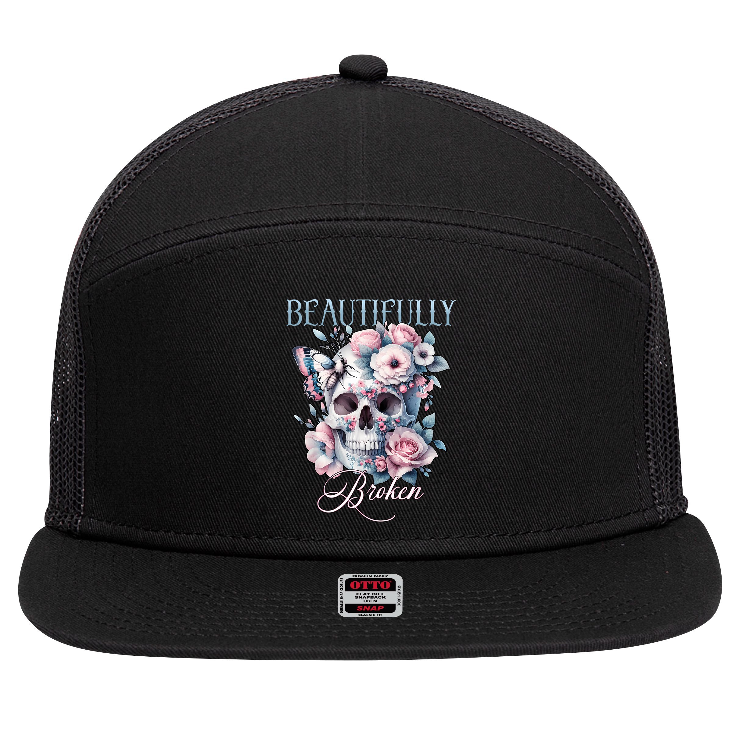 Beautifully Broken Funny Distressed Meme Christian Quote 7 Panel Mesh Trucker Snapback Hat