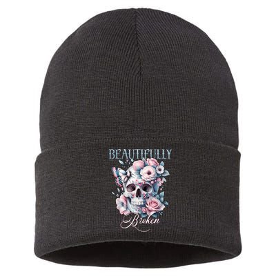 Beautifully Broken Funny Distressed Meme Christian Quote Sustainable Knit Beanie