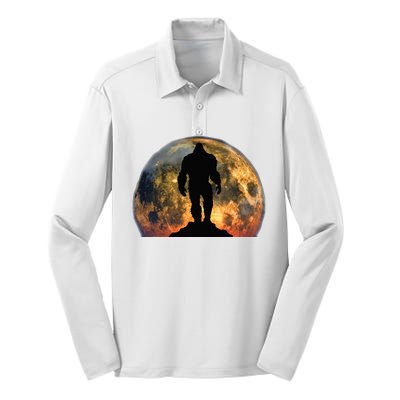 Bigfoot Believer Full Red Moon Night Sasquatch Silk Touch Performance Long Sleeve Polo