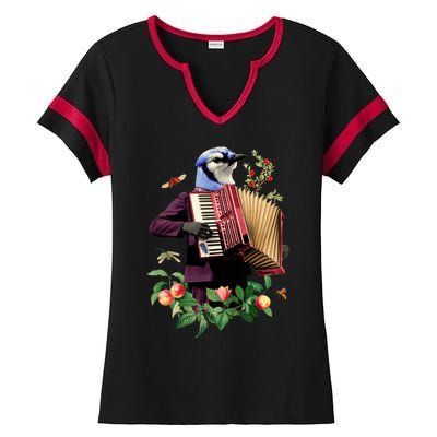 Blue Bird Fancy Animal Musician Ladies Halftime Notch Neck Tee