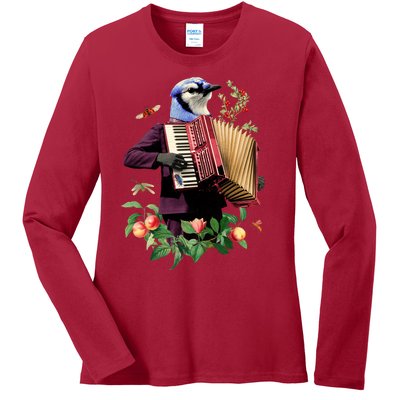 Blue Bird Fancy Animal Musician Ladies Long Sleeve Shirt