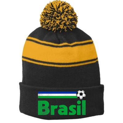 Brasil Brazil Fan Retro Vintage Flag Stripe Pom Pom Beanie