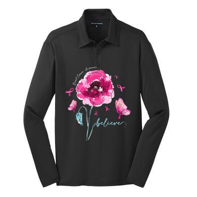 Believe Butterfly Flower Pink Ribbon Breast Cancer Awareness Silk Touch Performance Long Sleeve Polo