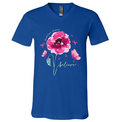 Believe Butterfly Flower Pink Ribbon Breast Cancer Awareness V-Neck T-Shirt