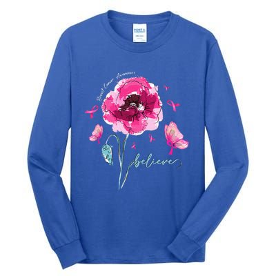 Believe Butterfly Flower Pink Ribbon Breast Cancer Awareness Tall Long Sleeve T-Shirt