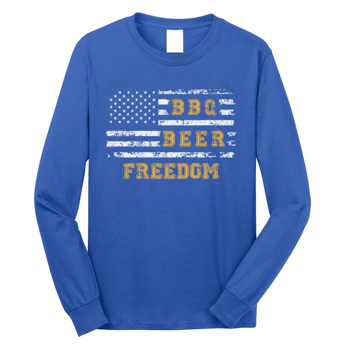 Bbq Beer Freedom With Distressed Usa Flag Cute Gift Long Sleeve Shirt