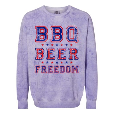 Bbq Beer Freedom Written In Red White And Blue Distressed Gift Colorblast Crewneck Sweatshirt