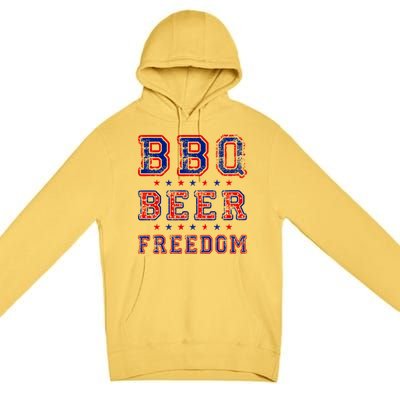 Bbq Beer Freedom Written In Red White And Blue Distressed Gift Premium Pullover Hoodie