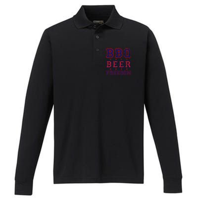 Bbq Beer Freedom Written In Red White And Blue Distressed Gift Performance Long Sleeve Polo