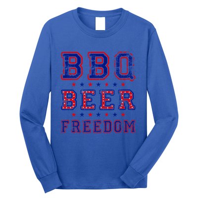 Bbq Beer Freedom Written In Red White And Blue Distressed Gift Long Sleeve Shirt