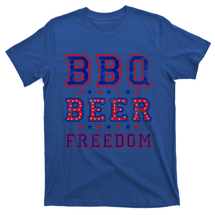 Bbq Beer Freedom Written In Red White And Blue Distressed Gift T-Shirt