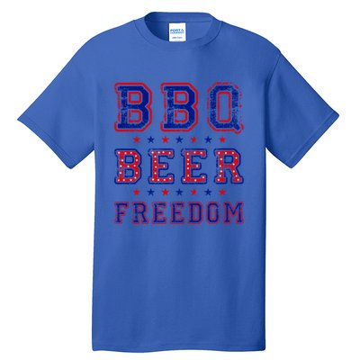 Bbq Beer Freedom Written In Red White And Blue Distressed Gift Tall T-Shirt