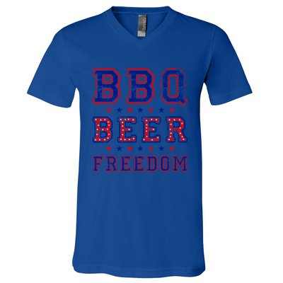 Bbq Beer Freedom Written In Red White And Blue Distressed Gift V-Neck T-Shirt