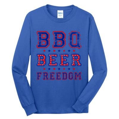 Bbq Beer Freedom Written In Red White And Blue Distressed Gift Tall Long Sleeve T-Shirt