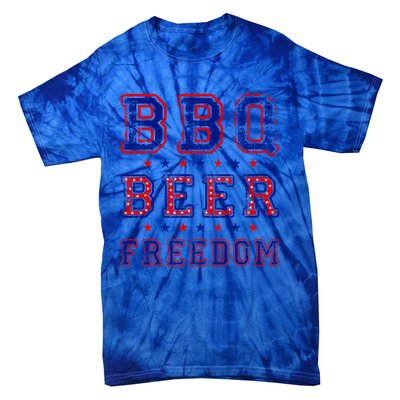 Bbq Beer Freedom Written In Red White And Blue Distressed Gift Tie-Dye T-Shirt