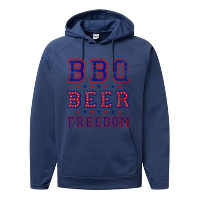 Bbq Beer Freedom Written In Red White And Blue Distressed Gift Performance Fleece Hoodie