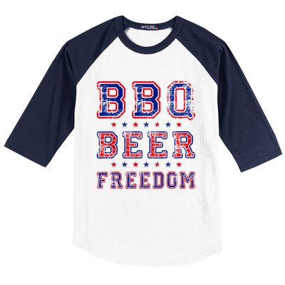 Bbq Beer Freedom Written In Red White And Blue Distressed Gift Baseball Sleeve Shirt