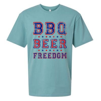 Bbq Beer Freedom Written In Red White And Blue Distressed Gift Sueded Cloud Jersey T-Shirt