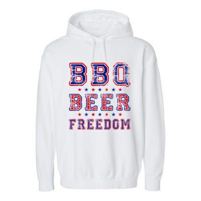 Bbq Beer Freedom Written In Red White And Blue Distressed Gift Garment-Dyed Fleece Hoodie