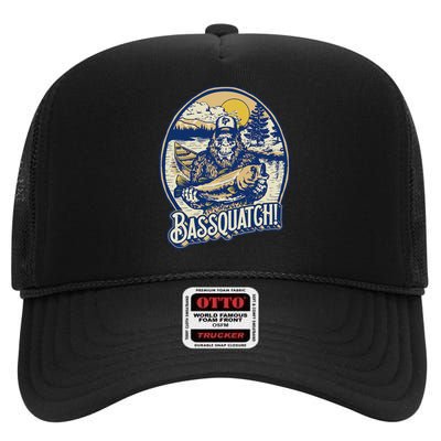 Bassquatch! Bass Fisherman Sasquatch Funny Bigfoot Fishing High Crown Mesh Back Trucker Hat