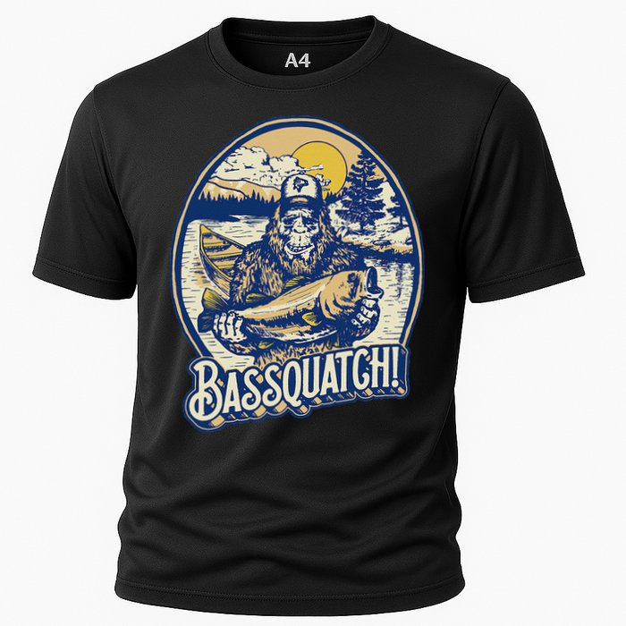 Bassquatch! Bass Fisherman Sasquatch Funny Bigfoot Fishing Cooling Performance Crew T-Shirt