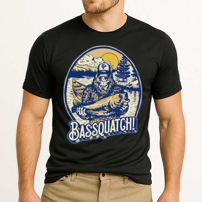 Bassquatch! Bass Fisherman Sasquatch Funny Bigfoot Fishing Cooling Performance Crew T-Shirt