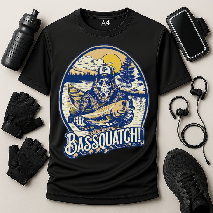 Bassquatch! Bass Fisherman Sasquatch Funny Bigfoot Fishing Cooling Performance Crew T-Shirt