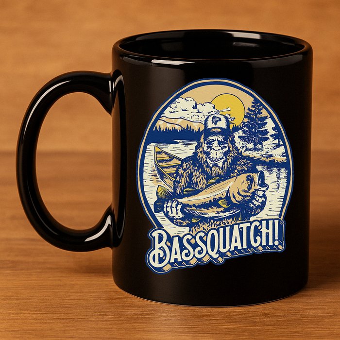 Bassquatch! Bass Fisherman Sasquatch Funny Bigfoot Fishing 11oz C Handle Ceramic Mug