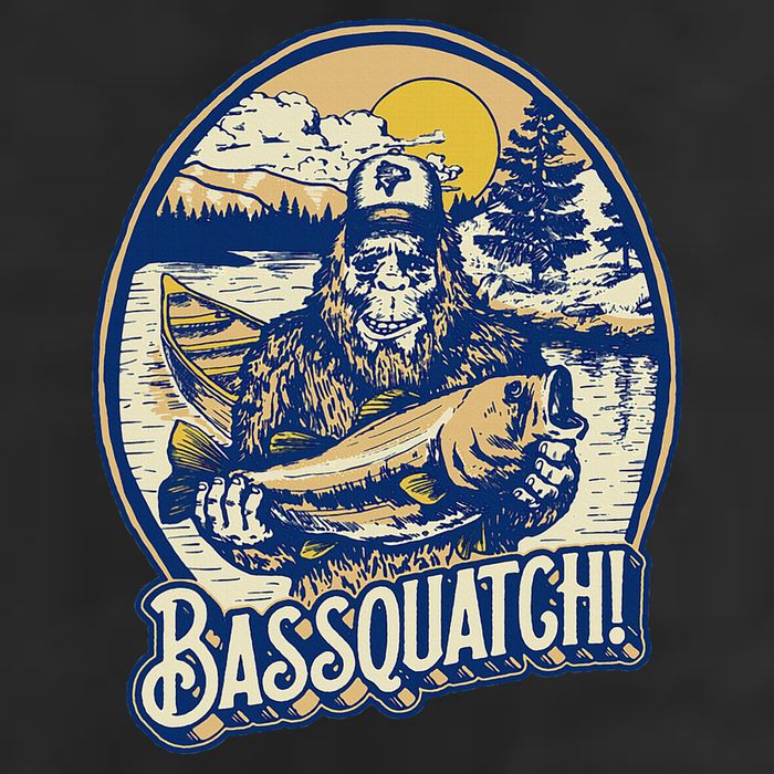 Bassquatch! Bass Fisherman Sasquatch Funny Bigfoot Fishing 7 Panel Mesh Trucker Snapback Hat