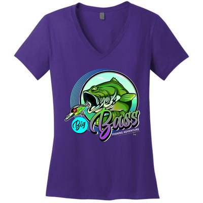 Big Bass Fishing Adventure Women's V-Neck T-Shirt