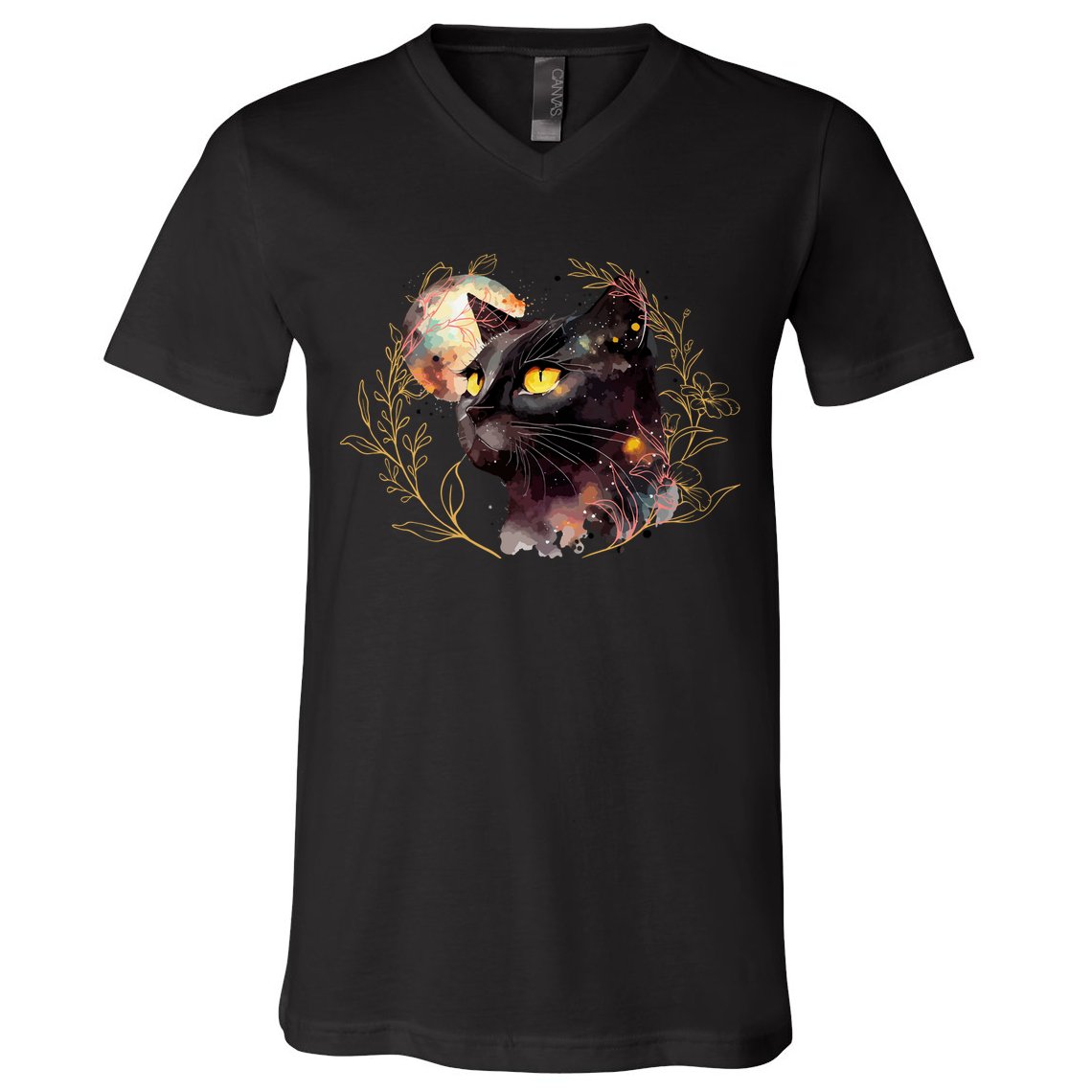 Beautiful Boho Floral Cat V-Neck T-Shirt