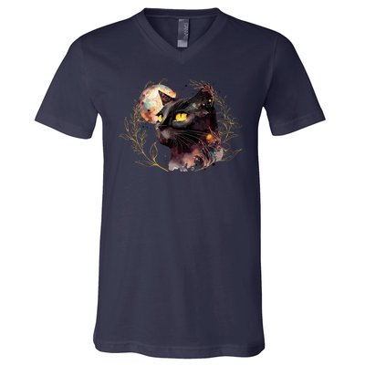 Beautiful Boho Floral Cat V-Neck T-Shirt