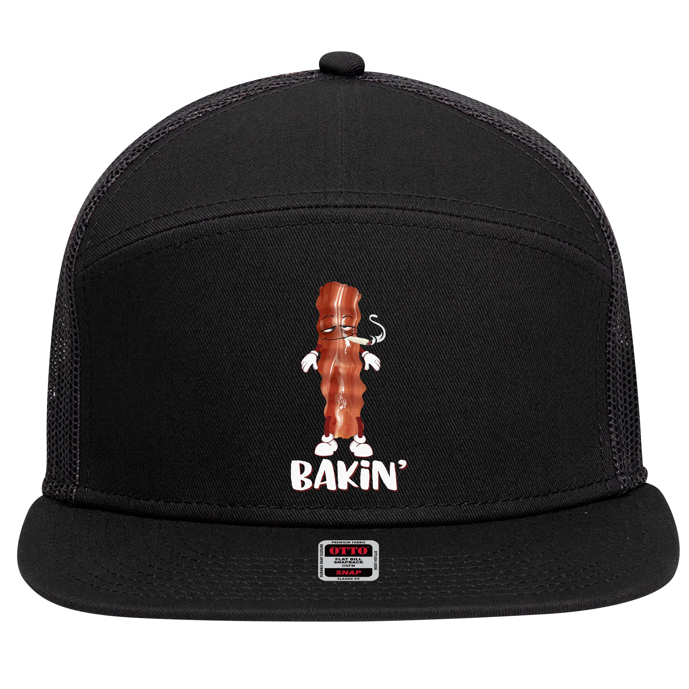 Bakin Bacon Funny 420 Marijuana Smoke Weed Pot 7 Panel Mesh Trucker Snapback Hat