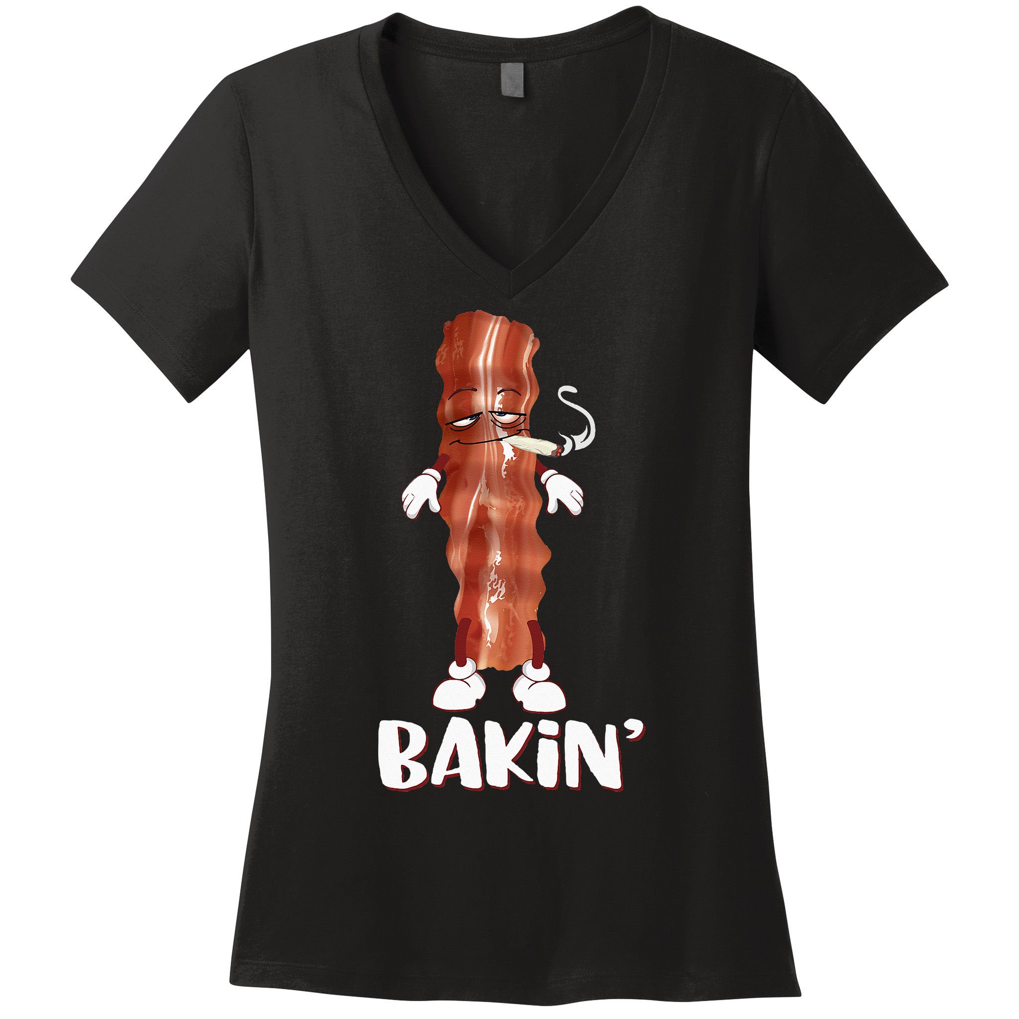 Bakin Bacon Funny 420 Marijuana Smoke Weed Pot Women's V-Neck T-Shirt