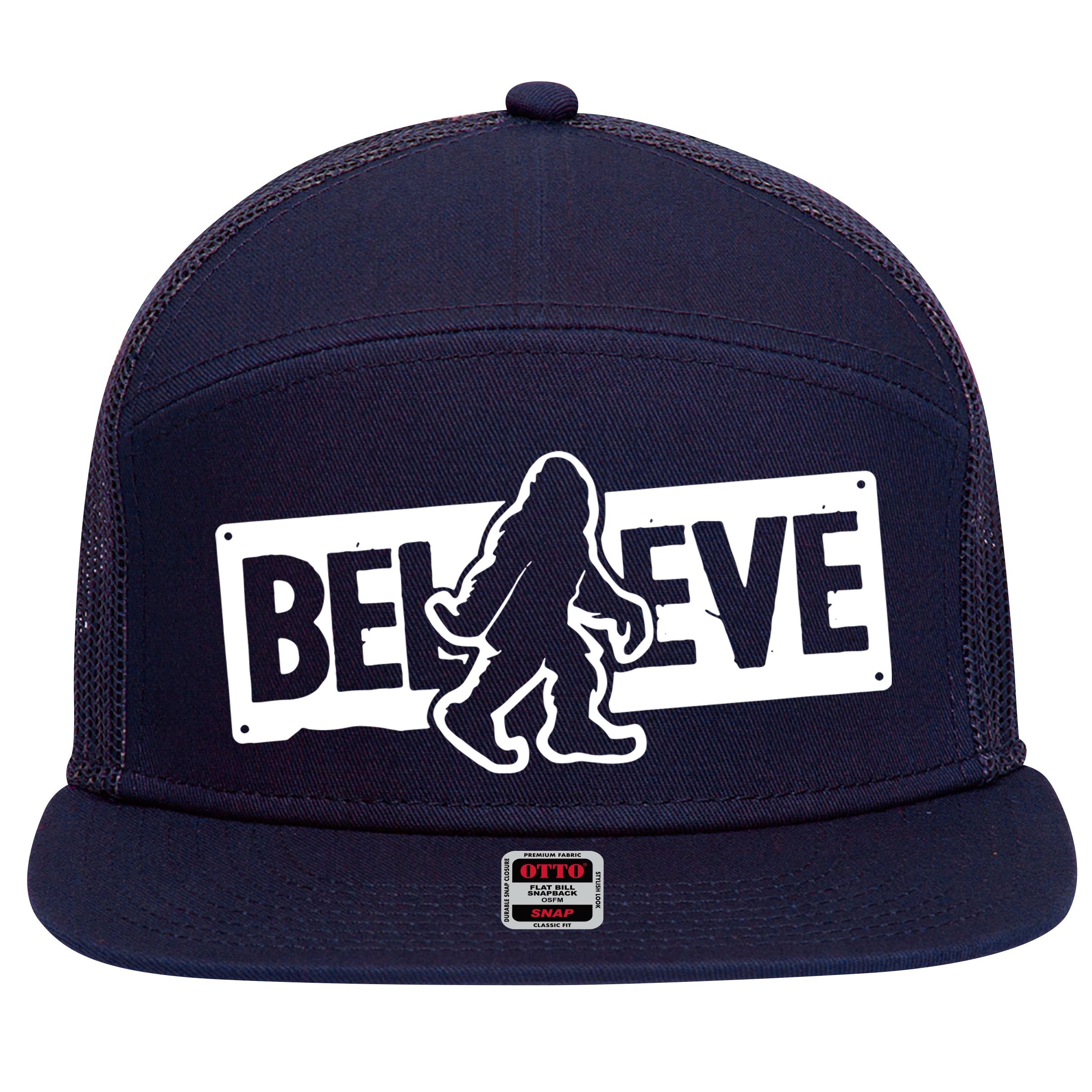 Believe Big Foot Sasquatch Bigfoot 7 Panel Mesh Trucker Snapback Hat