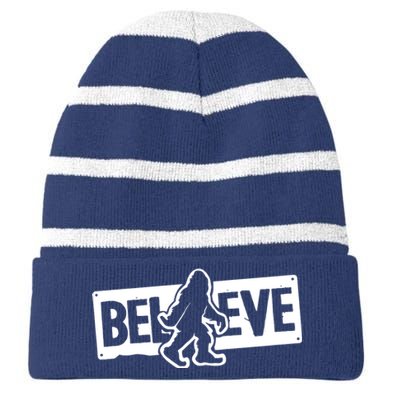 Believe Big Foot Sasquatch Bigfoot Striped Beanie with Solid Band