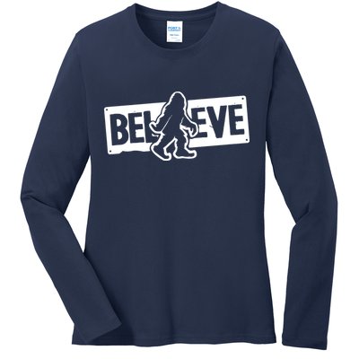 Believe Big Foot Sasquatch Bigfoot Ladies Long Sleeve Shirt