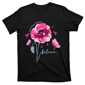 Believe Butterfly Flower Pink Ribbon Breast Cancer Awareness T-Shirt