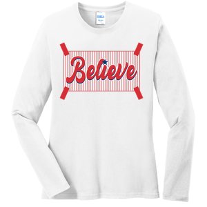 Believe Baseball Fan Philadelphia Baseball Ladies Long Sleeve Shirt