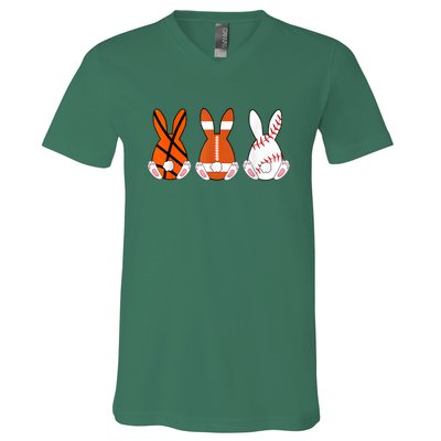 Basketball Baseball Football Sports Easter Bunny Rabbits V-Neck T-Shirt