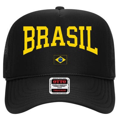 Brasil Brazilian Flag Green High Crown Mesh Back Trucker Hat