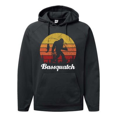 Bassquatch Bigfoot Fishing Outdoor Retro Sunset Performance Fleece Hoodie