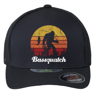 Bassquatch Bigfoot Fishing Outdoor Retro Sunset Flexfit Unipanel Trucker Cap